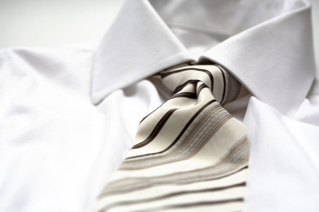 white collared button down with tie